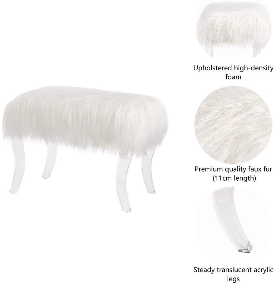 Glitzhome modern style white faux fur footrest stool vanity stool stool with acrylic legs decorative bench, suitable for bedroom