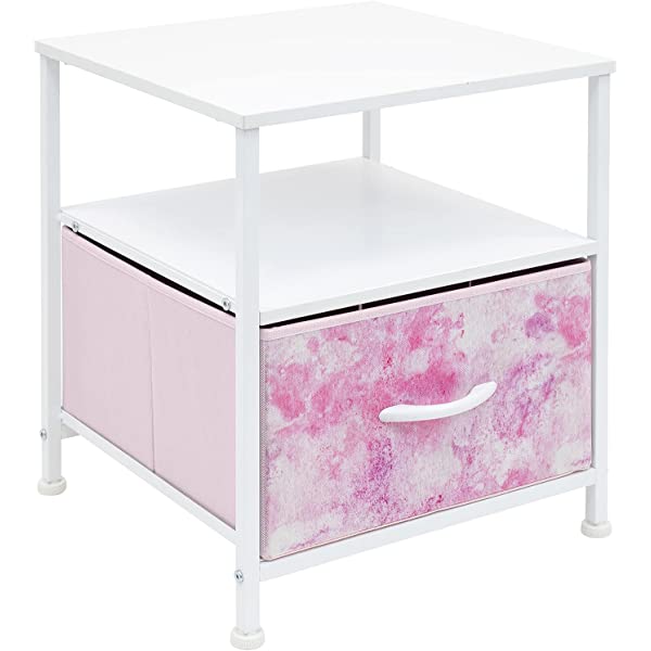 Sorbus Nightstand 1-Drawer Shelf Storage- Bedside Furniture & Accent End Table Chest for Home, Bedroom, Office, College Dorm, Steel Frame, Wood Top, Easy Pull Fabric Bins (Rustic Wood)