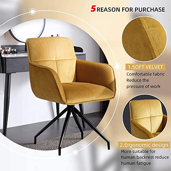 360°Swivel Home Study Velvet Chair Student Sedentary Comfortable Armchair Backrest Desk seat Anchor Rotating Living Chairs (Yellow/Gold)