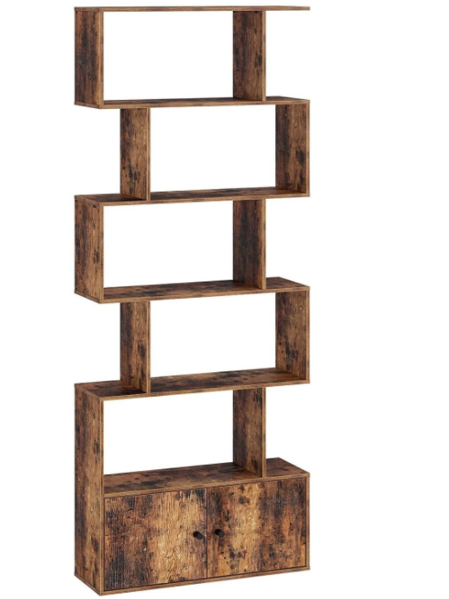 Rolanstar Bookshelf with Doors, 6-Tier Bookcase with Cabinet, Freestanding Bookshelves Storage Display Cabinet, Rustic Wood Bookshelf for Living Room, Bedroom, Home Office