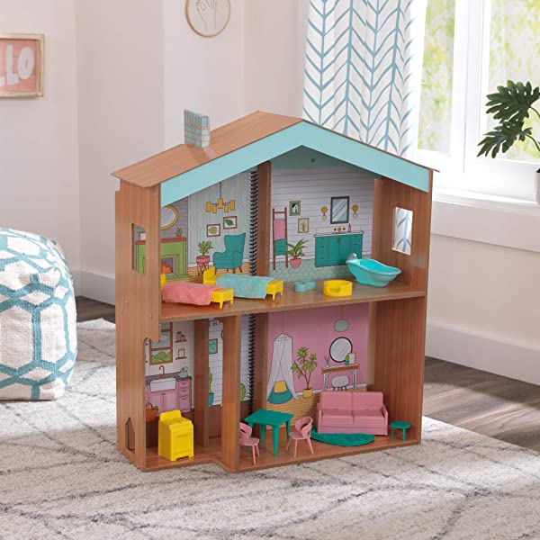 KidKraft Designed by Me™: Magnetic Makeover Wooden Dollhouse with Magnets, Fabric Wallpapers and 10 Pieces of Furniture, Gift for Ages 3+ Modern