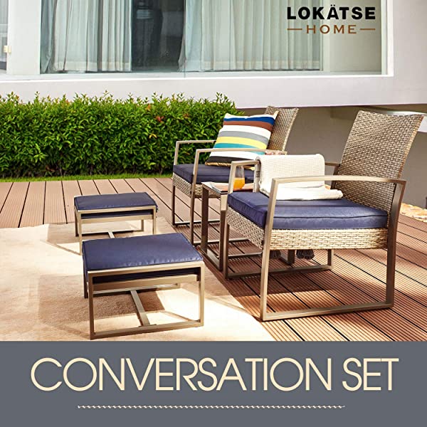 LOKATSE HOME 5-Piece Wicker Outdoor Conversation Set Patio Furniture PE Rattan All Weather Cushioned Chairs Balcony Porch with Ottoman and Glass Coffee Side Table, Blue