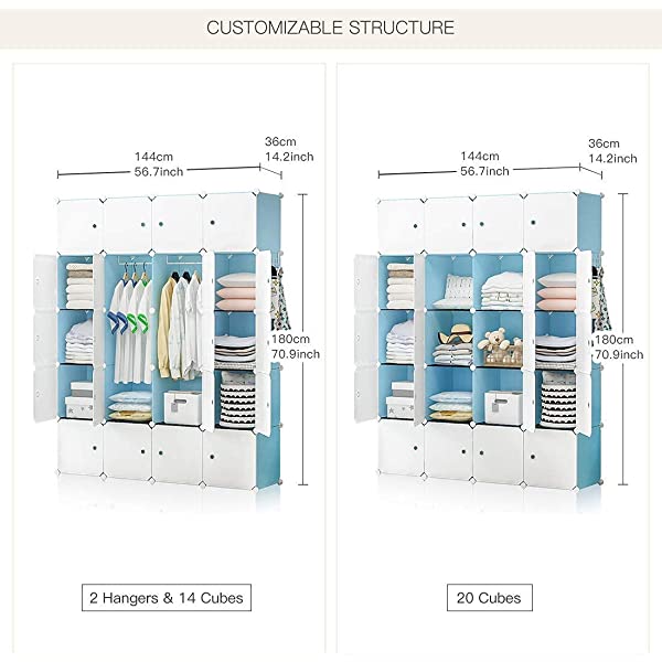 YOZO Cube Storage Organzier Portable Closet Wardrobe Bedroom Dresser (71x14x71 inches) Portable Closet Cube Shelf Armoire Pantry Cabinet, 25 Cubes, Blue 25Cubes Blue