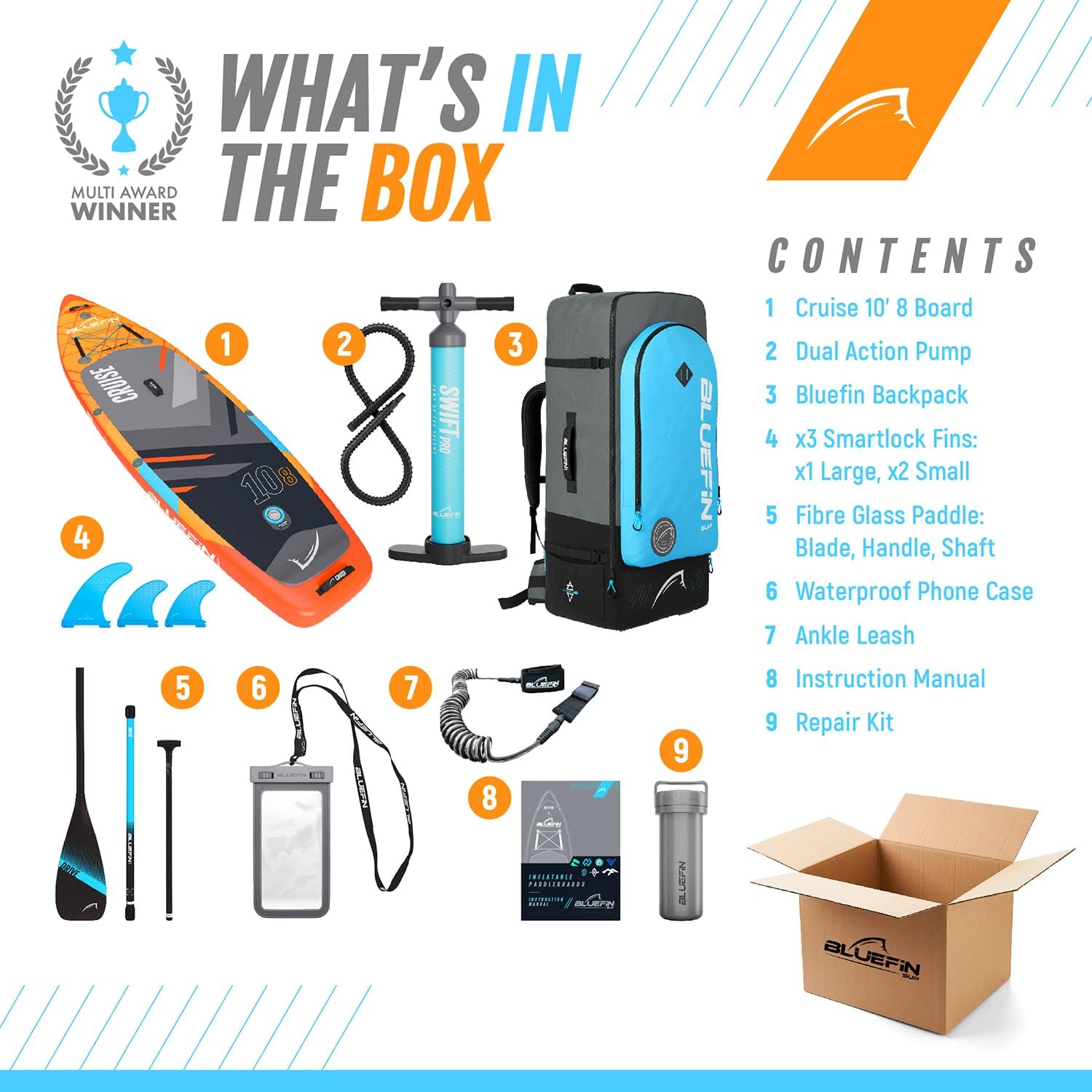 Bluefin Cruise SUP Inflatable Stand Up Paddle Board | Premium Paddleboard Accessories | Multiple sizes: Kids, 9'8, 10'4, 10’8, 12’, 15'