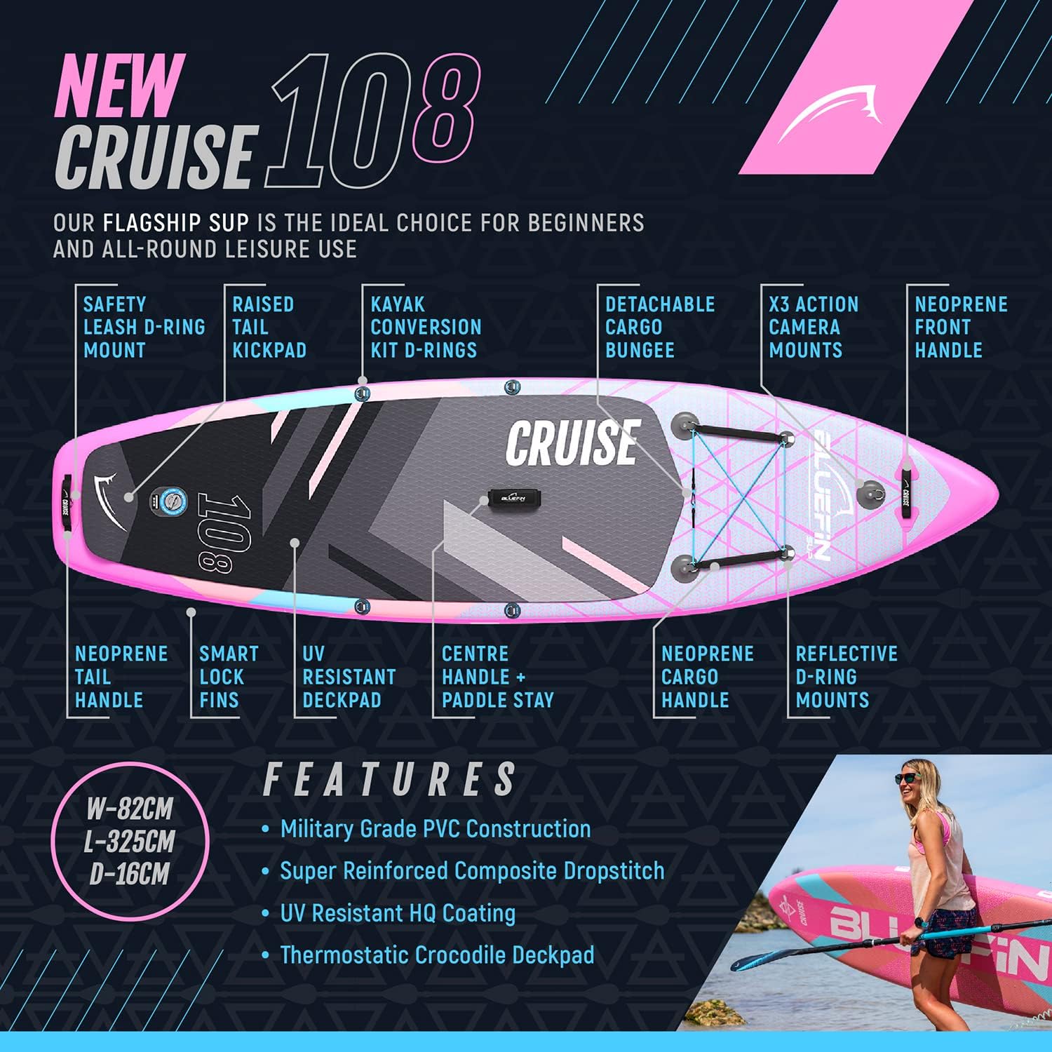 Bluefin Cruise SUP Inflatable Stand Up Paddle Board | Premium Paddleboard Accessories | Multiple sizes: Kids, 9'8, 10'4, 10’8, 12’, 15'