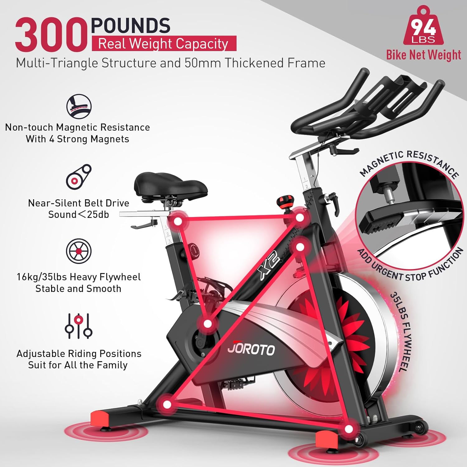 JOROTO X2 Exercise Bike for Home Use | X2PRO Bluetooth Magnetic Belt Drive Indoor Cycling Bike with 16KG Flywheel