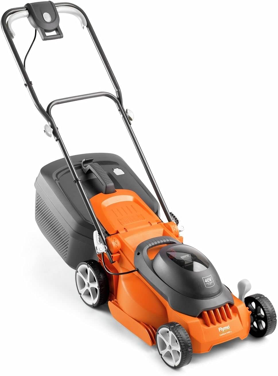 Flymo EasiStore 340R Li Cordless Rotary Lawn Mower - 40 V Battery (20 V x 2 Including Charger), 34 cm Cutting Width, 35 Litre Grass Box, Close Edge Cutting, Rear Roller, Space Saving Storage Features