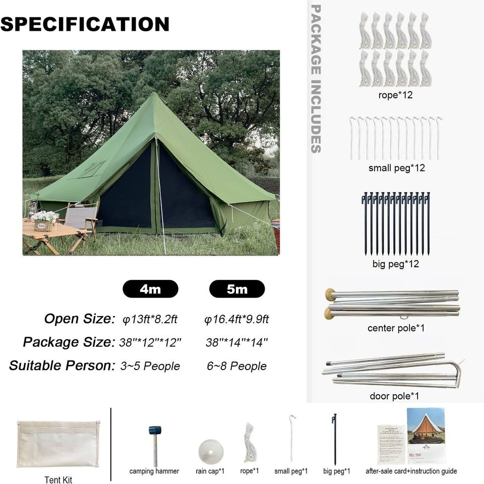 Breathable 100% Cotton Canvas Bell Tent, Waterproof Large Tents w Sturdy Center & Door Pole.