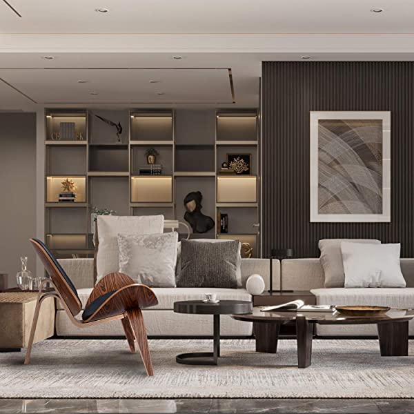 Rimdoc Three-Legged Shell Chair Mid Century Modern Lounge Chair with Black Leather Molded Plywood Accent Chair Reading Side Chair for Bedroom, Study, Office, Living Room (Black Walnut Wood)