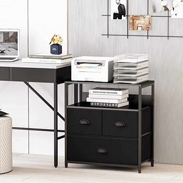 Furologee Nightstand with 3 Drawers, Dresser with Storage Shelf, Bedside Table/Closet Organizer, Rustic Fabric Linen Bins & Wooden Top for Bedroom, Hallway, Hotel (Rustic Brown)