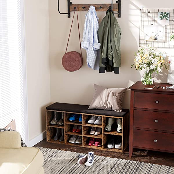 VASAGLE Cubbie Shoe Cabinet Storage Bench with Cushion, Adjustable Shelves, Holds up to 440lb, Rustic Brown ULHS10BX