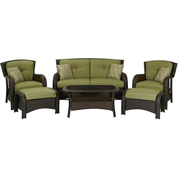 Hanover Strathmere 6-Piece Outdoor Patio Conversation Set, 2 Side Chairs with Ottomans, Loveseat and Tempered Glass Coffee Table, with Hand-Woven Wicker and Thick Cilantro Green Cushions, STRATHMERE6PC