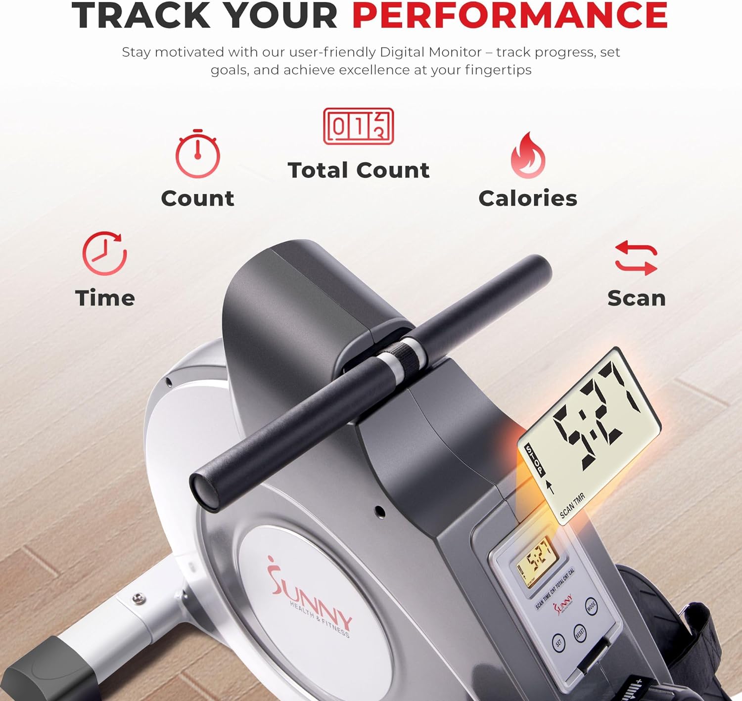 Sunny Health and Fitness Magnetic Rowing Machine, Folding Rower with LCD Monitor and Extra Long Slide Rail, 8 Level Resistance, Transport Wheels, Full Body Workout Equipment For Home, SF-RW5515, Gray