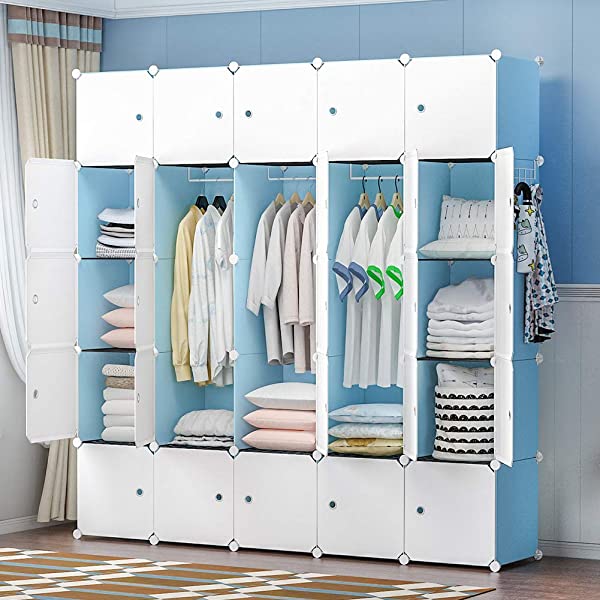 YOZO Cube Storage Organzier Portable Closet Wardrobe Bedroom Dresser (71x14x71 inches) Portable Closet Cube Shelf Armoire Pantry Cabinet, 25 Cubes, Blue 25Cubes Blue