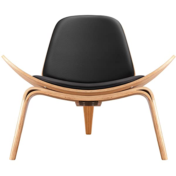Rimdoc Three-Legged Shell Chair Mid Century Modern Lounge Chair with Black Leather Molded Plywood Accent Chair Reading Side Chair for Bedroom, Study, Office, Living Room (Black Walnut Wood)