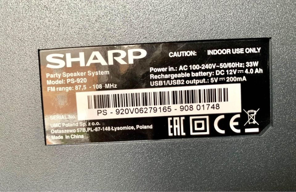SHARP PS-929 180W High Power Portable Party Speaker